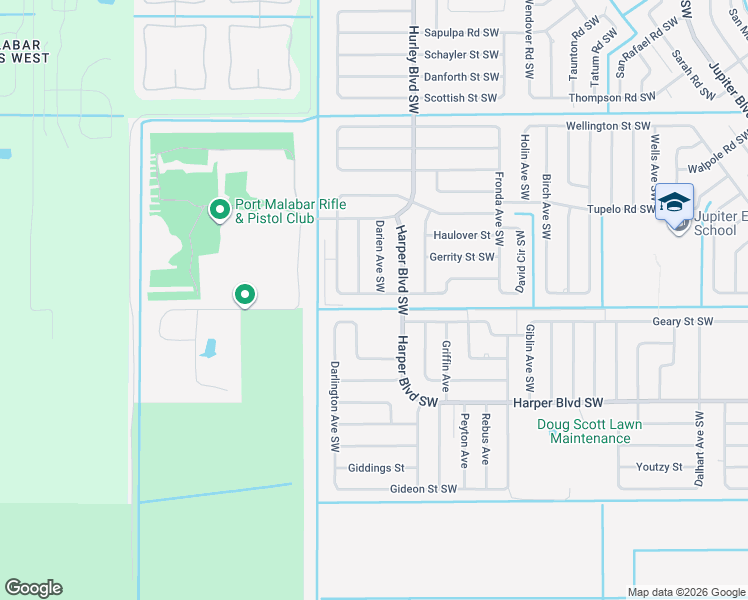 map of restaurants, bars, coffee shops, grocery stores, and more near 1340 Gerry Road Southwest in Palm Bay