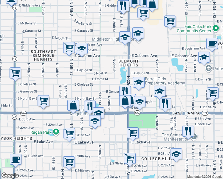 map of restaurants, bars, coffee shops, grocery stores, and more near 2005 East Genesee Street in Tampa