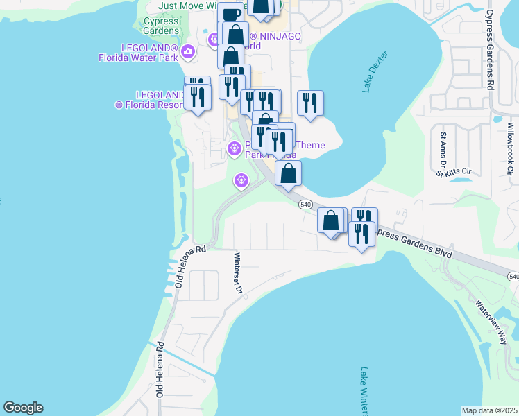 map of restaurants, bars, coffee shops, grocery stores, and more near 6120 Cypress Gardens Boulevard in Winter Haven