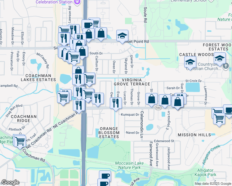 map of restaurants, bars, coffee shops, grocery stores, and more near 1718 Evans Drive in Clearwater