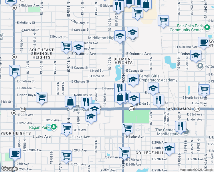 map of restaurants, bars, coffee shops, grocery stores, and more near 2005 East Genesee Street in Tampa