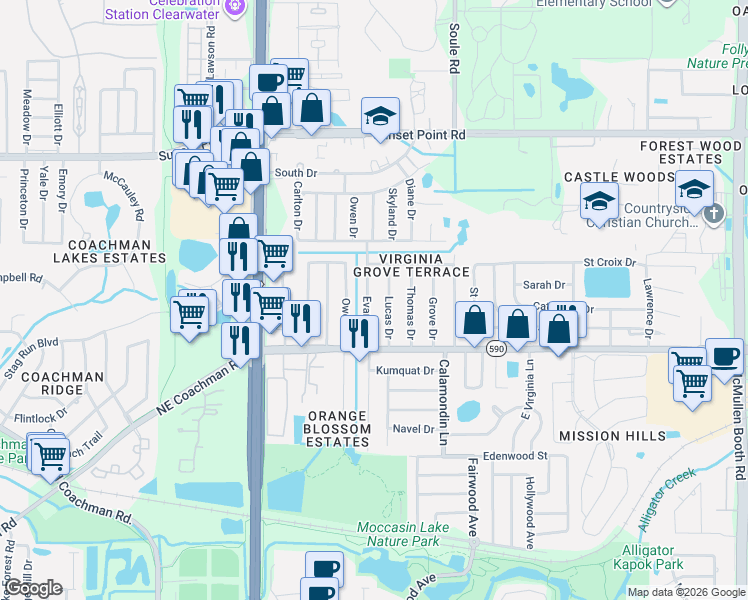 map of restaurants, bars, coffee shops, grocery stores, and more near 1718 Evans Drive in Clearwater