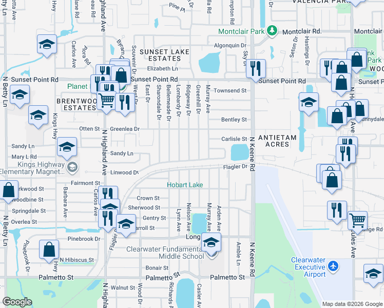 map of restaurants, bars, coffee shops, grocery stores, and more near 1673 Linwood Drive in Clearwater