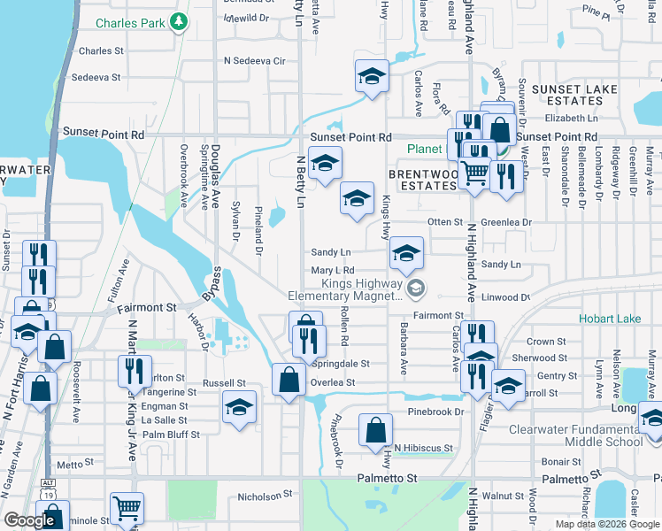 map of restaurants, bars, coffee shops, grocery stores, and more near 1320 Mary L Road in Clearwater