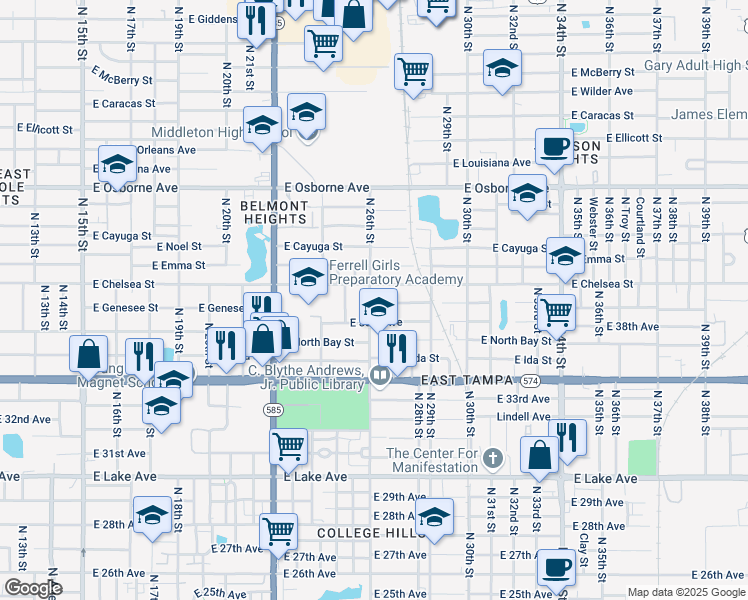 map of restaurants, bars, coffee shops, grocery stores, and more near 2602 East Genesee Street in Tampa