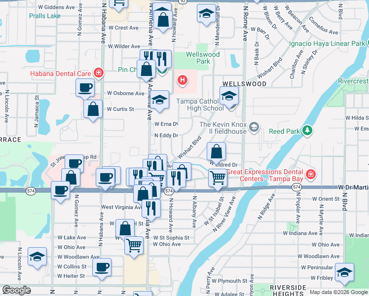 map of restaurants, bars, coffee shops, grocery stores, and more near 4514 Wishart Boulevard in Tampa