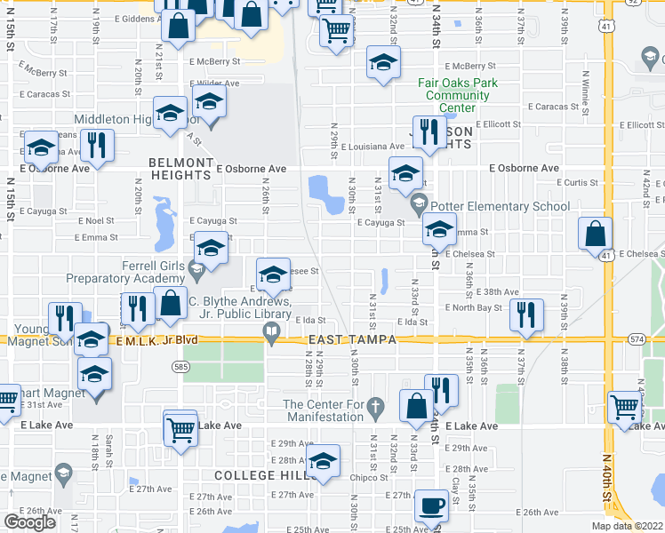 map of restaurants, bars, coffee shops, grocery stores, and more near 4216 North 29th Street in Tampa