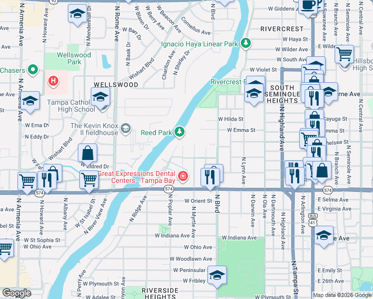 map of restaurants, bars, coffee shops, grocery stores, and more near 903 West River Heights Avenue in Tampa