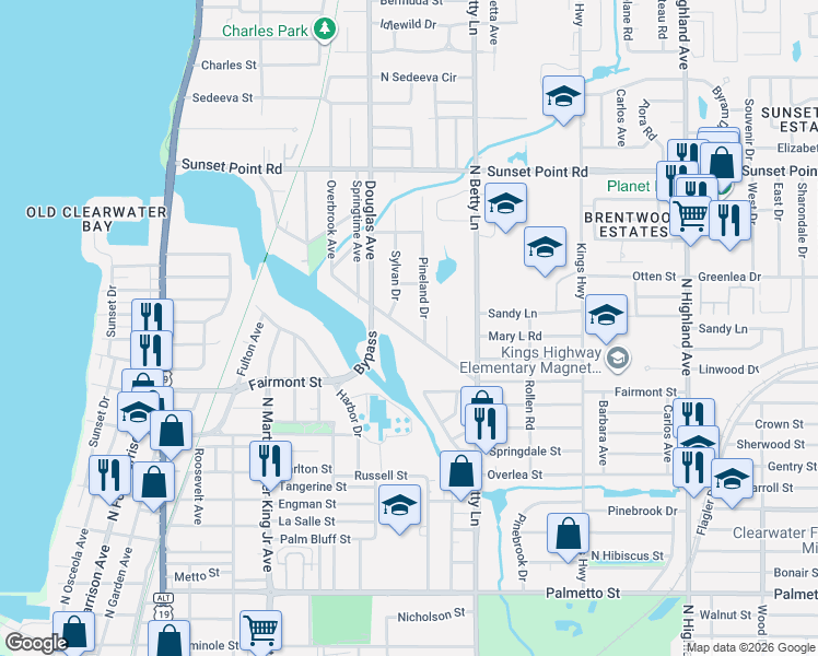 map of restaurants, bars, coffee shops, grocery stores, and more near 1730 Overbrook Avenue in Clearwater