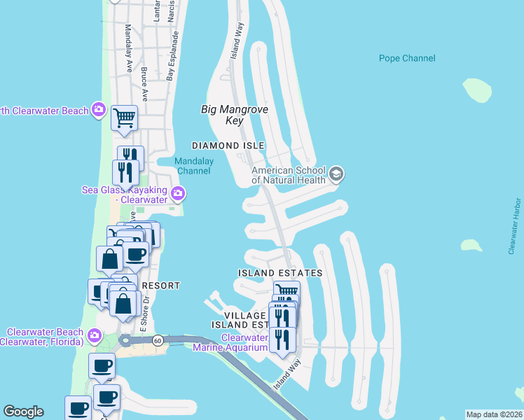 map of restaurants, bars, coffee shops, grocery stores, and more near 480 Island Way in Clearwater