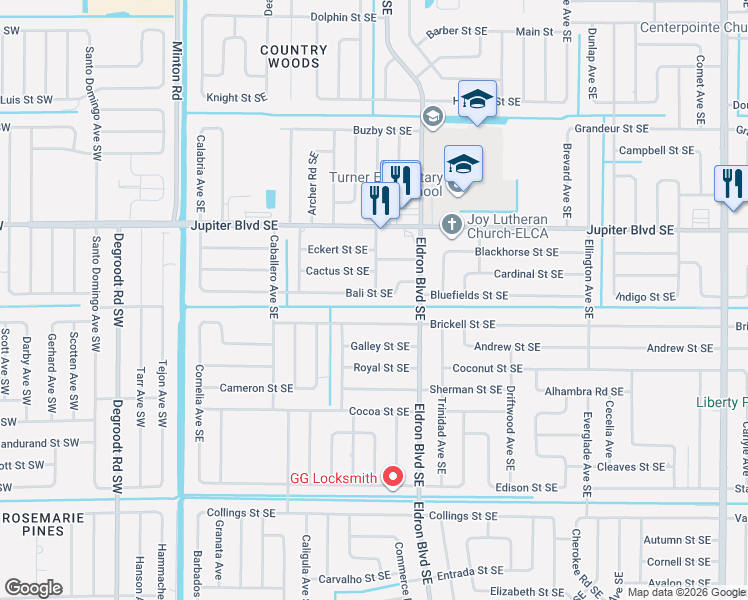 map of restaurants, bars, coffee shops, grocery stores, and more near 321 Brickell Street Southeast in Palm Bay
