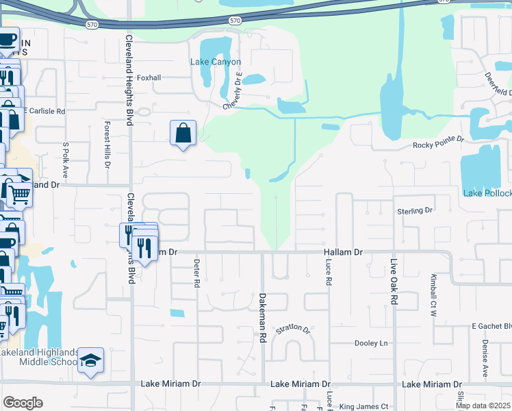 map of restaurants, bars, coffee shops, grocery stores, and more near 4406 Hallamview Lane in Lakeland