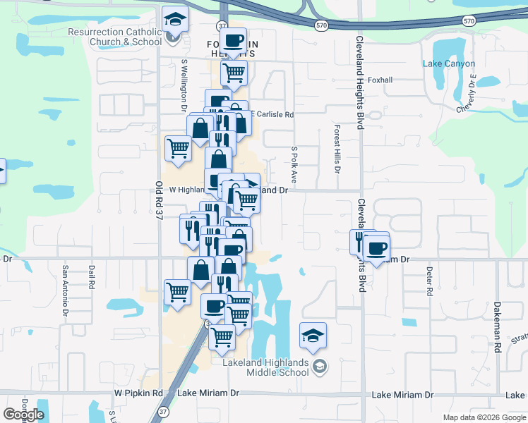 map of restaurants, bars, coffee shops, grocery stores, and more near 4505 Nunnswood Lane in Lakeland