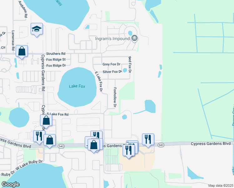 map of restaurants, bars, coffee shops, grocery stores, and more near 5964 Foxhollow Drive in Winter Haven
