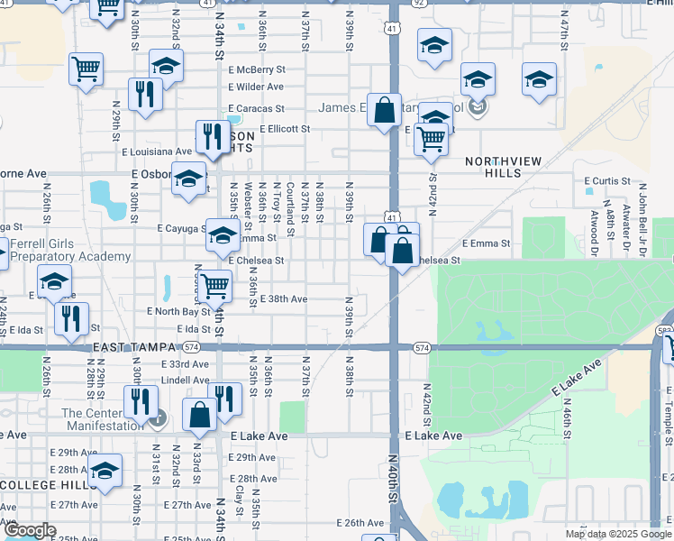 map of restaurants, bars, coffee shops, grocery stores, and more near 3711 East Genesee Street in Tampa
