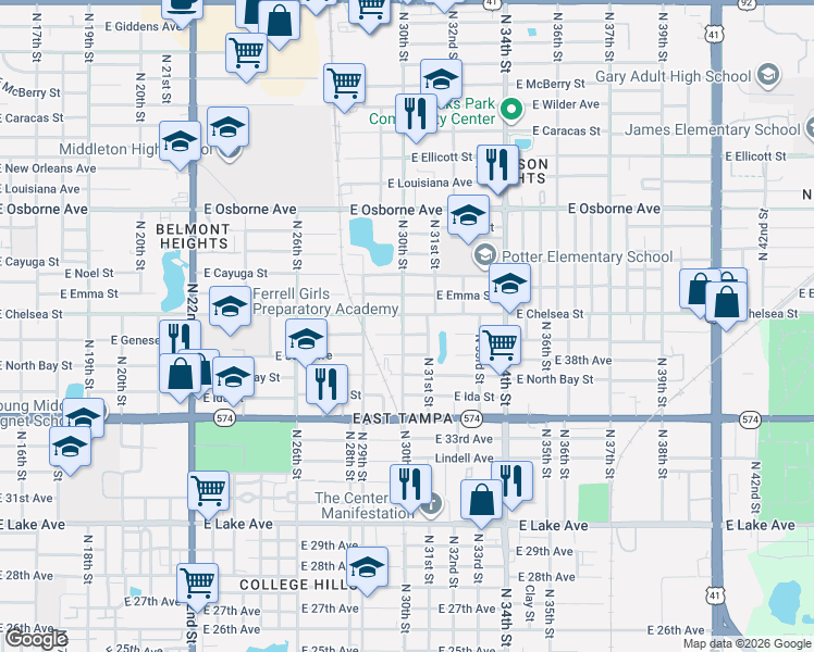 map of restaurants, bars, coffee shops, grocery stores, and more near 4217 North 30th Street in Tampa
