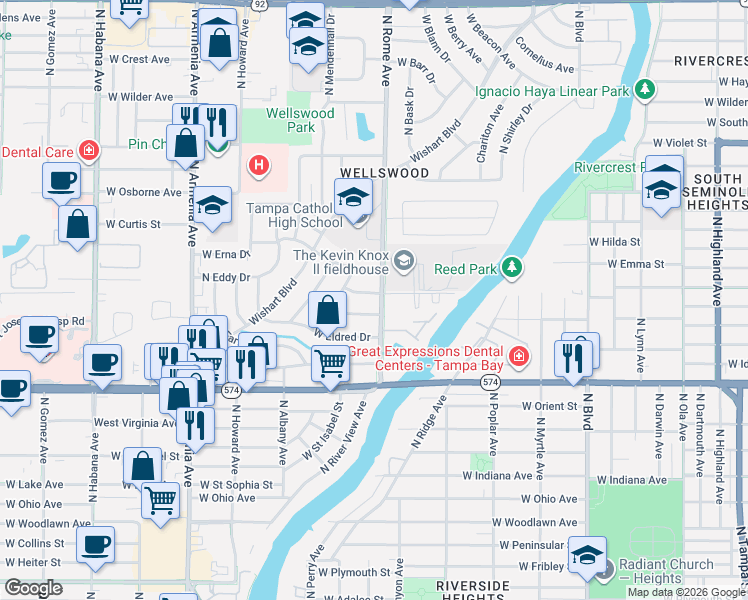 map of restaurants, bars, coffee shops, grocery stores, and more near 1708 West Dempsey Avenue in Tampa