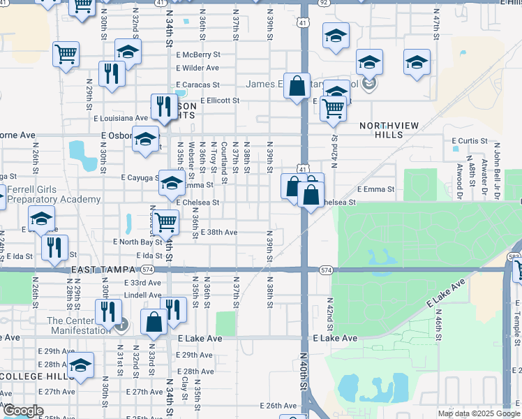 map of restaurants, bars, coffee shops, grocery stores, and more near 3711 East Genesee Street in Tampa
