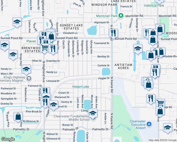 map of restaurants, bars, coffee shops, grocery stores, and more near 1721 Greenhill Drive in Clearwater