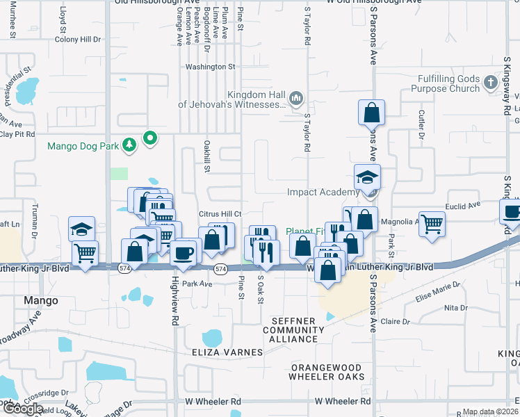 map of restaurants, bars, coffee shops, grocery stores, and more near 1109 Melrose Street in Seffner