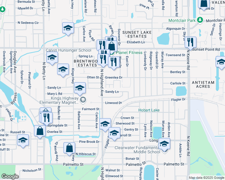 map of restaurants, bars, coffee shops, grocery stores, and more near 1524 Sandy Lane in Clearwater