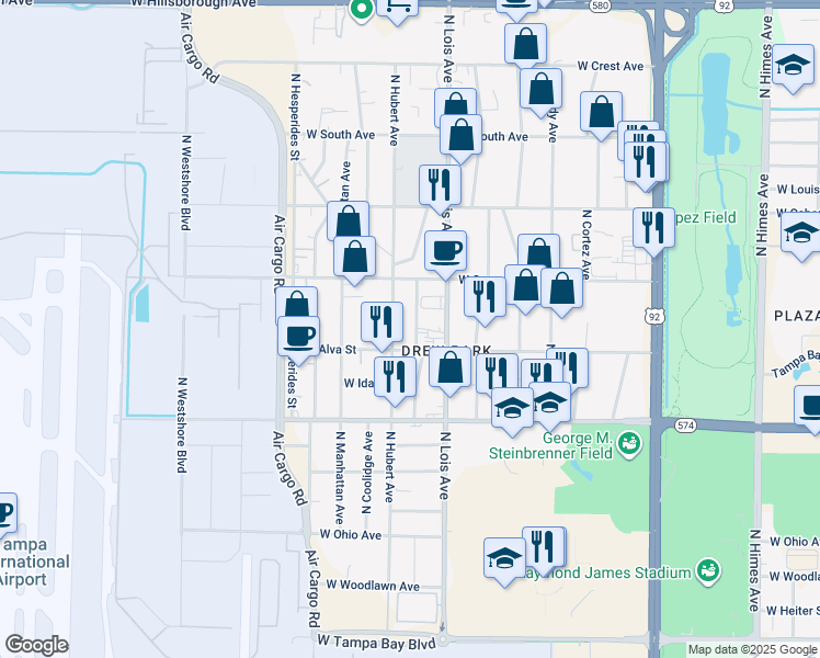 map of restaurants, bars, coffee shops, grocery stores, and more near 4620 North Thatcher Avenue in Tampa