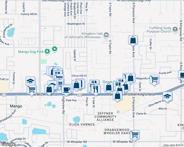 map of restaurants, bars, coffee shops, grocery stores, and more near 1108 Citrus Hill Court in Seffner