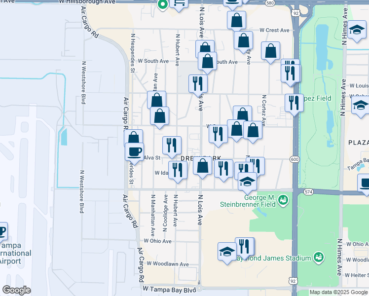 map of restaurants, bars, coffee shops, grocery stores, and more near 4620 North Thatcher Avenue in Tampa