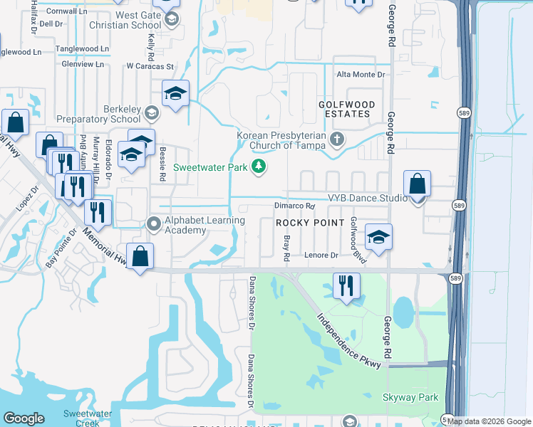 map of restaurants, bars, coffee shops, grocery stores, and more near 6919 Dimarco Road in Tampa