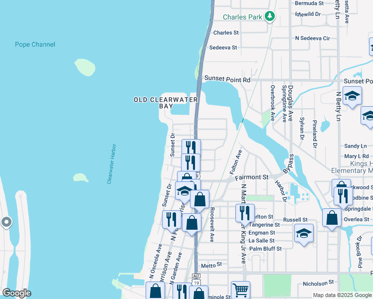 map of restaurants, bars, coffee shops, grocery stores, and more near 401 Lebeau Street in Clearwater