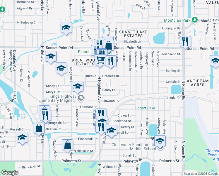 map of restaurants, bars, coffee shops, grocery stores, and more near 1524 Sandy Lane in Clearwater