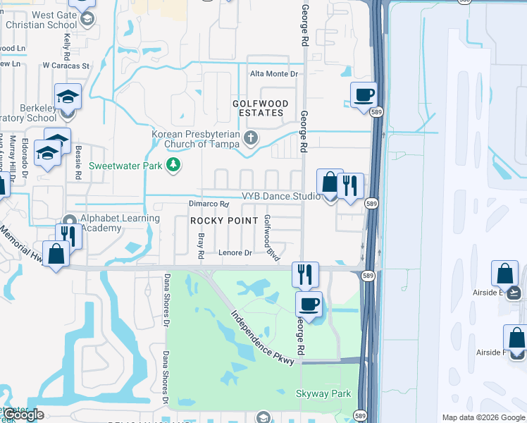 map of restaurants, bars, coffee shops, grocery stores, and more near 6417 Dimarco Road in Tampa