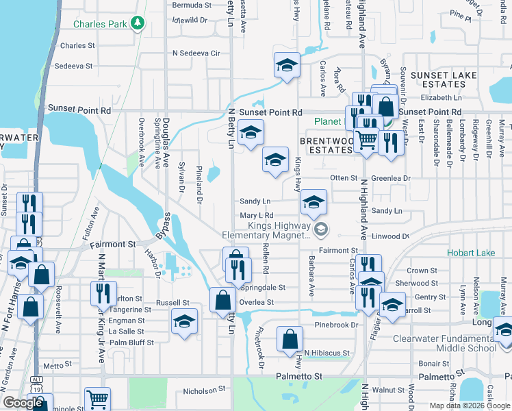 map of restaurants, bars, coffee shops, grocery stores, and more near 1325 Sandy Lane in Clearwater