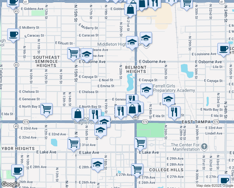 map of restaurants, bars, coffee shops, grocery stores, and more near 1919 East Emma Street in Tampa