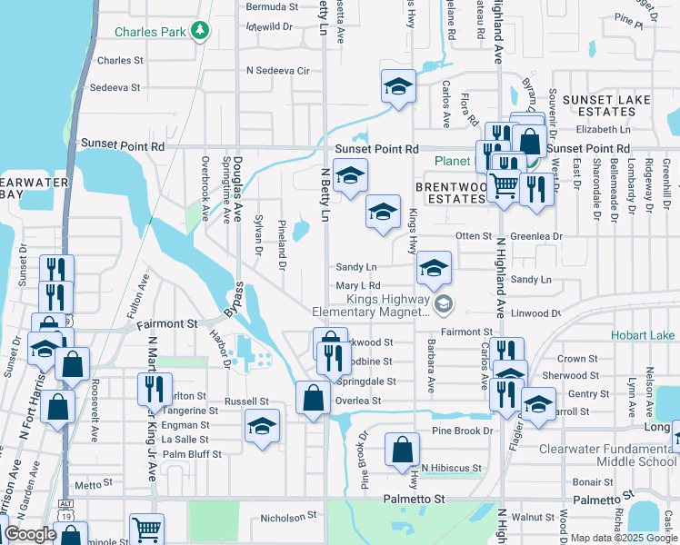 map of restaurants, bars, coffee shops, grocery stores, and more near 1309 Sandy Lane in Clearwater