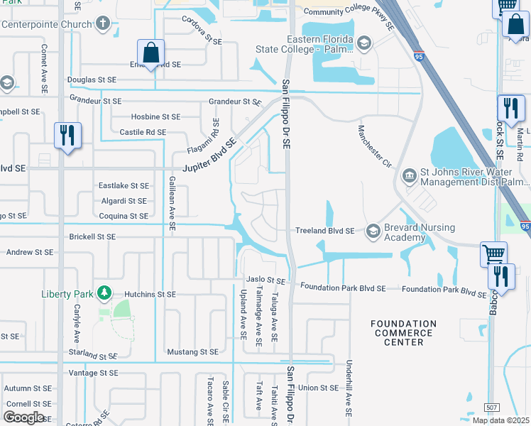 map of restaurants, bars, coffee shops, grocery stores, and more near 1200 Hadley Circle in Palm Bay