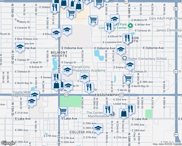map of restaurants, bars, coffee shops, grocery stores, and more near 2615 East Emma Street in Tampa