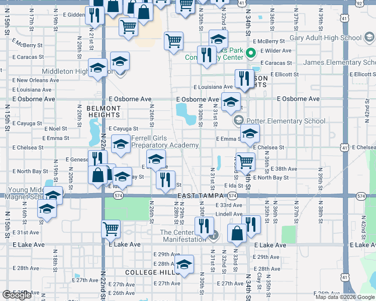 map of restaurants, bars, coffee shops, grocery stores, and more near 4407 North 29th Street in Tampa