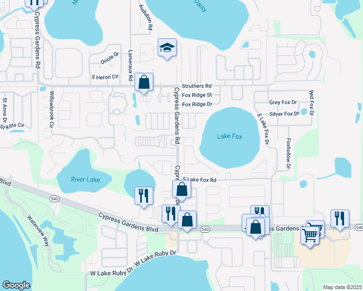 map of restaurants, bars, coffee shops, grocery stores, and more near 5880 Driftwood Drive in Winter Haven