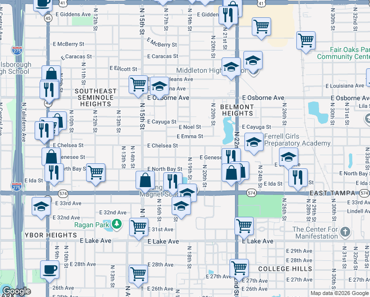map of restaurants, bars, coffee shops, grocery stores, and more near 1709 East Emma Street in Tampa