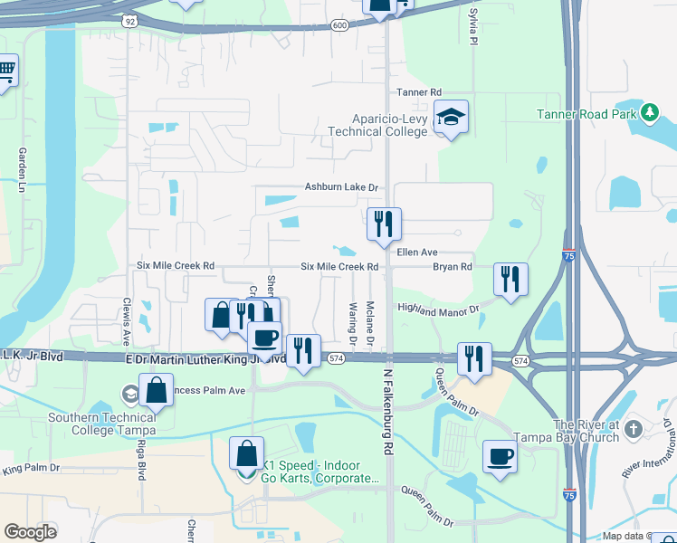 map of restaurants, bars, coffee shops, grocery stores, and more near 9812 Six Mile Creek Road in Tampa