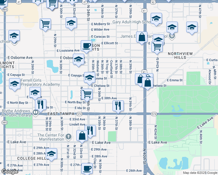 map of restaurants, bars, coffee shops, grocery stores, and more near 4405 Courtland Street in Tampa