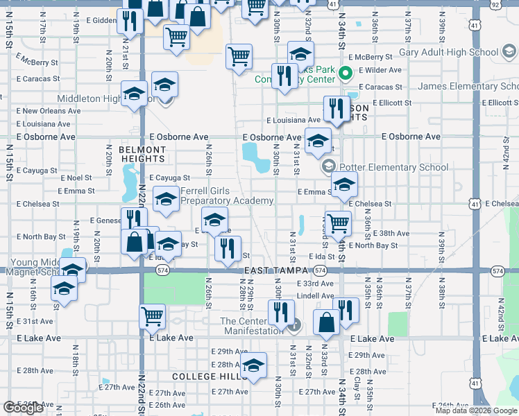 map of restaurants, bars, coffee shops, grocery stores, and more near 4407 North 29th Street in Tampa