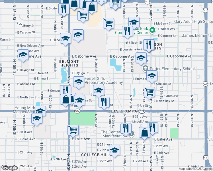 map of restaurants, bars, coffee shops, grocery stores, and more near 2615 East Emma Street in Tampa