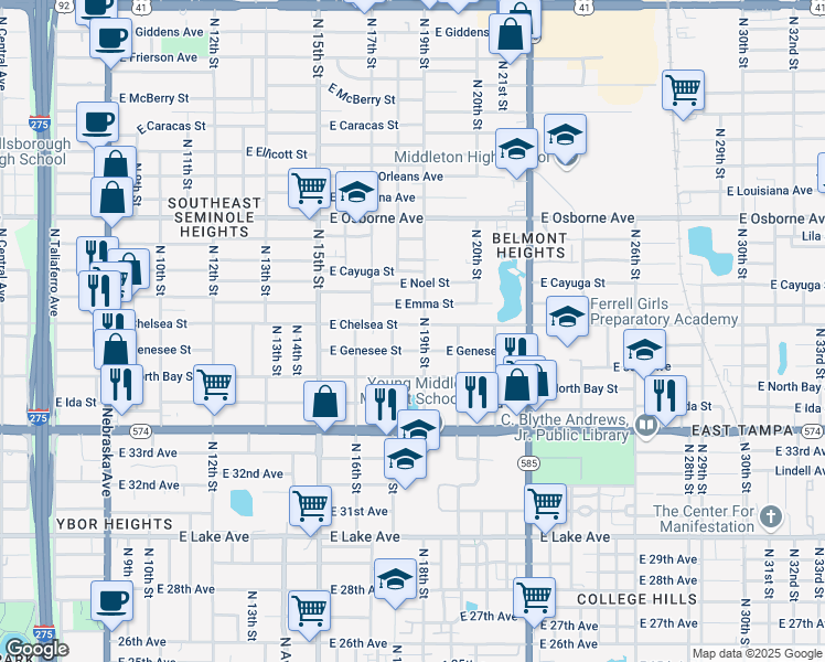 map of restaurants, bars, coffee shops, grocery stores, and more near 1709 East Emma Street in Tampa