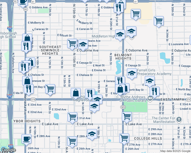 map of restaurants, bars, coffee shops, grocery stores, and more near 1709 East Emma Street in Tampa