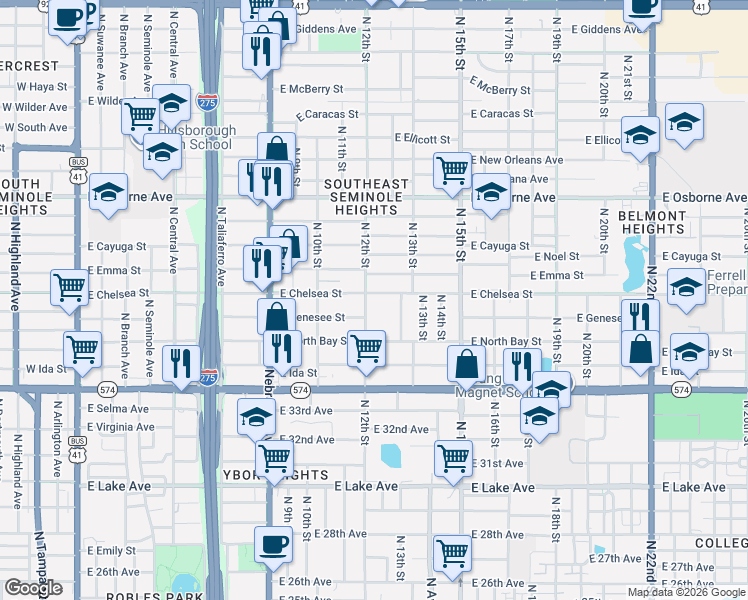 map of restaurants, bars, coffee shops, grocery stores, and more near 1215 East Emma Street in Tampa