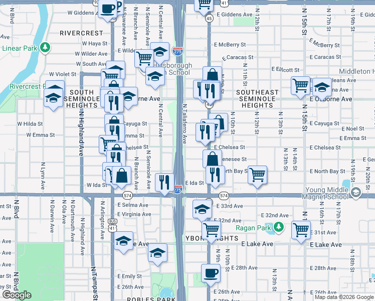 map of restaurants, bars, coffee shops, grocery stores, and more near 800 East Chelsea Street in Tampa