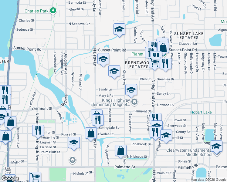 map of restaurants, bars, coffee shops, grocery stores, and more near 1357 Sandy Lane in Clearwater