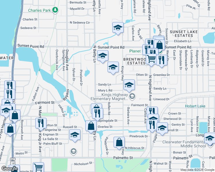 map of restaurants, bars, coffee shops, grocery stores, and more near 1329 Sandy Lane in Clearwater